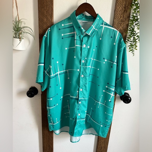 Teal Geometric Men's Button Down Short Sleeve Beach Summer Shirt - Picture 2 of 11